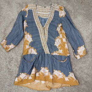 Free People Mini Dress Womens M Blue Gold Bohemian Lightweight Pockets Tunic Top